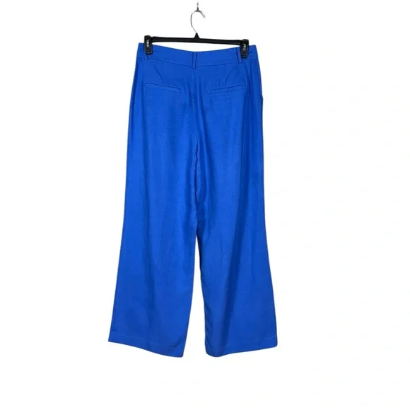 Loft Women Linen Suit Set Blazer Pant Size 8 Wide Leg Coastal Career Luxe Blue - Picture 7 of 8